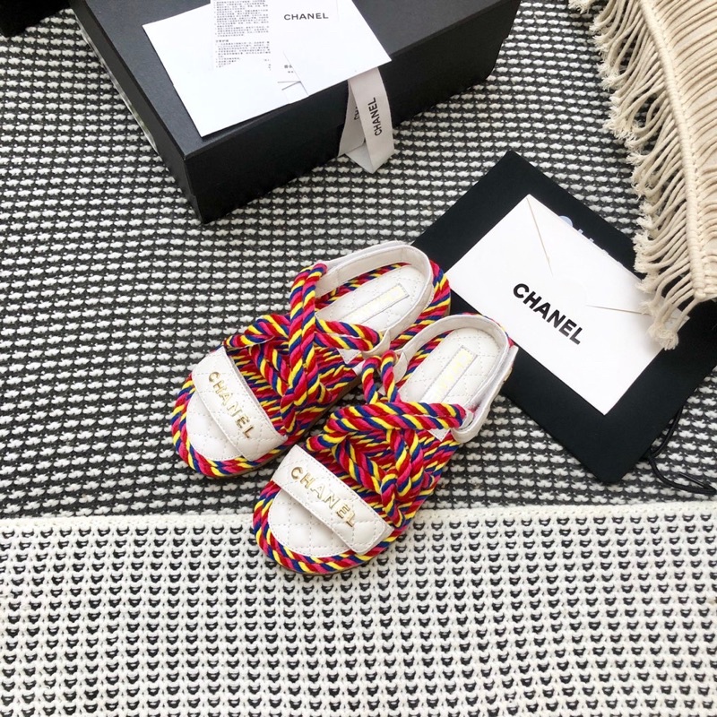 Sandal nữ đế bằng quai thiết kế giống dây thừng thương hiệu 𝘾𝙝𝙖𝙣𝙚𝙡 Channel CN da thật cao cấp