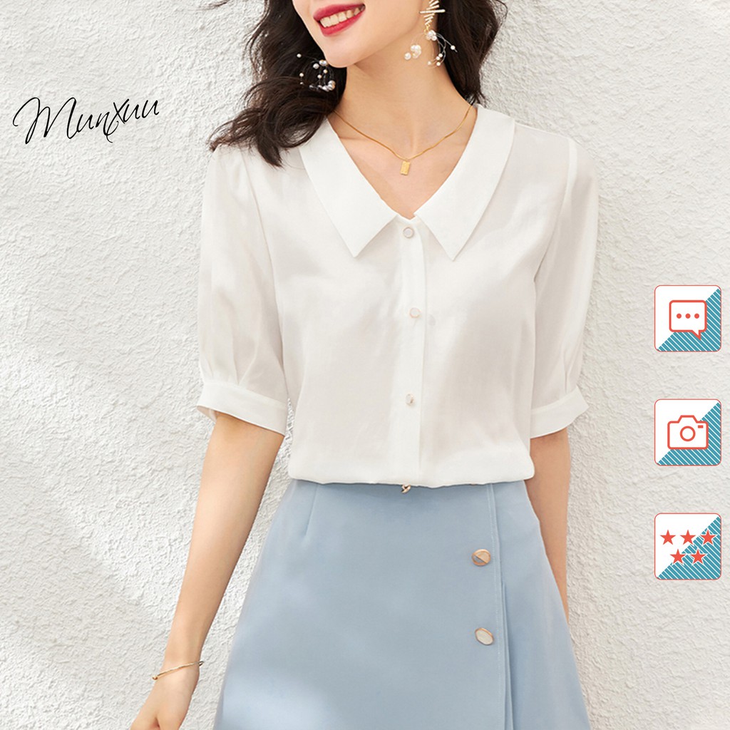 Áo sơ mi trắng nữ MUNXUU thiết kế phong cách công sở dáng trơn, tay áo lỡ nhẹ nhàng thanh lịch - SP09