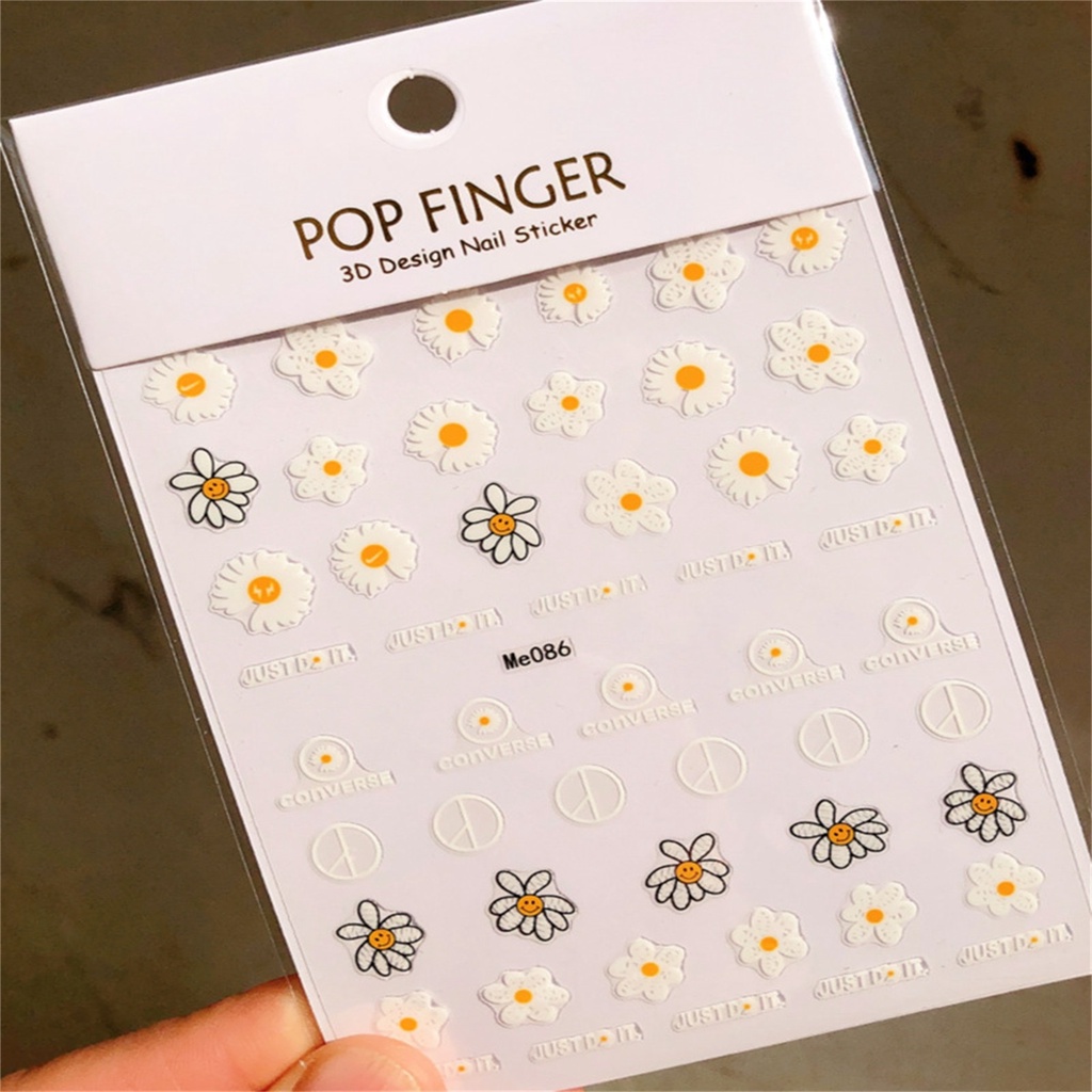 Miếng Dán Móng Tay Tự Dính Hình Hoa Hướng Dương 3D Màu Trắng Vàng Sống Động Cho Nữ