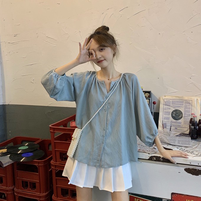 Áo sơ mi nữ tay dài màu trơn phong cách retro | BigBuy360 - bigbuy360.vn