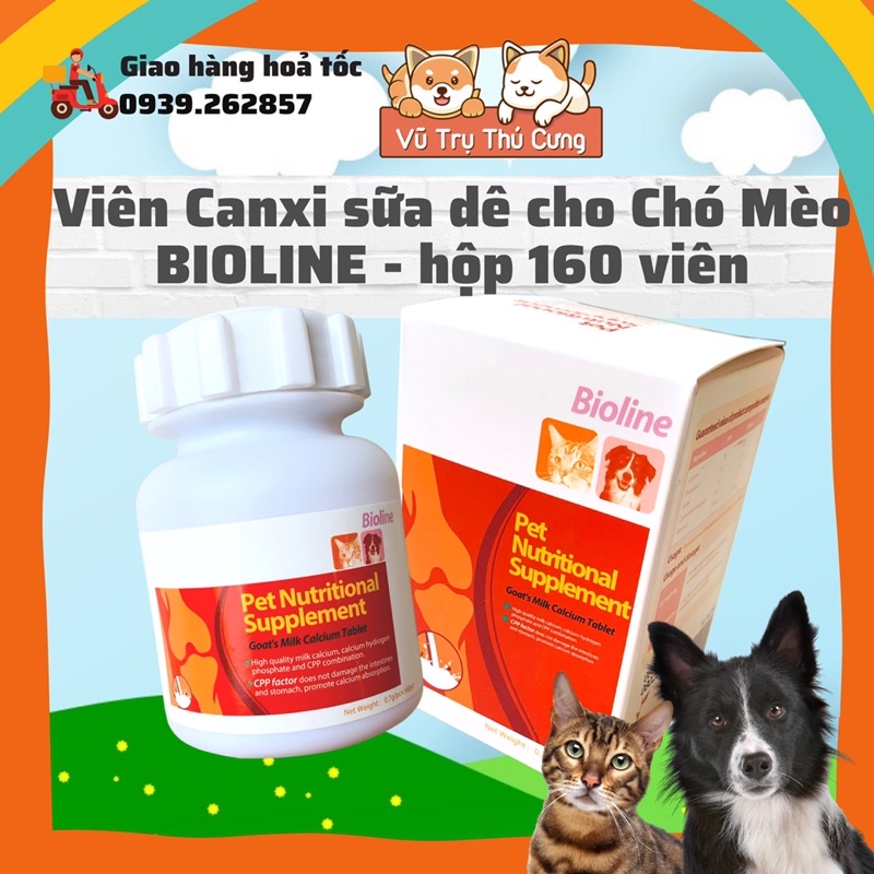 Viên canxi sữa dê Bioline cho chó mèo, hộp 160 viên