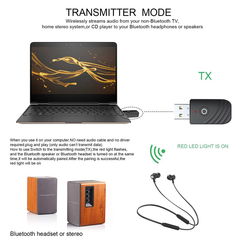 Usb Bluetooth 5.0 Chuyển Đổi Âm Thanh 3 Trong 1 Cho Tv Pc Xe Hơi 3.5mm