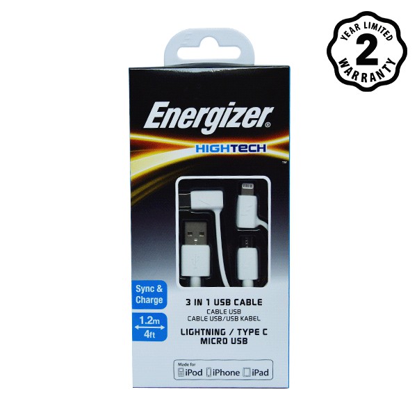 Cáp Energizer 3 trong1 Lightning-Micro-Type C 1m (Trắng) - Hãng phân phối chính thức