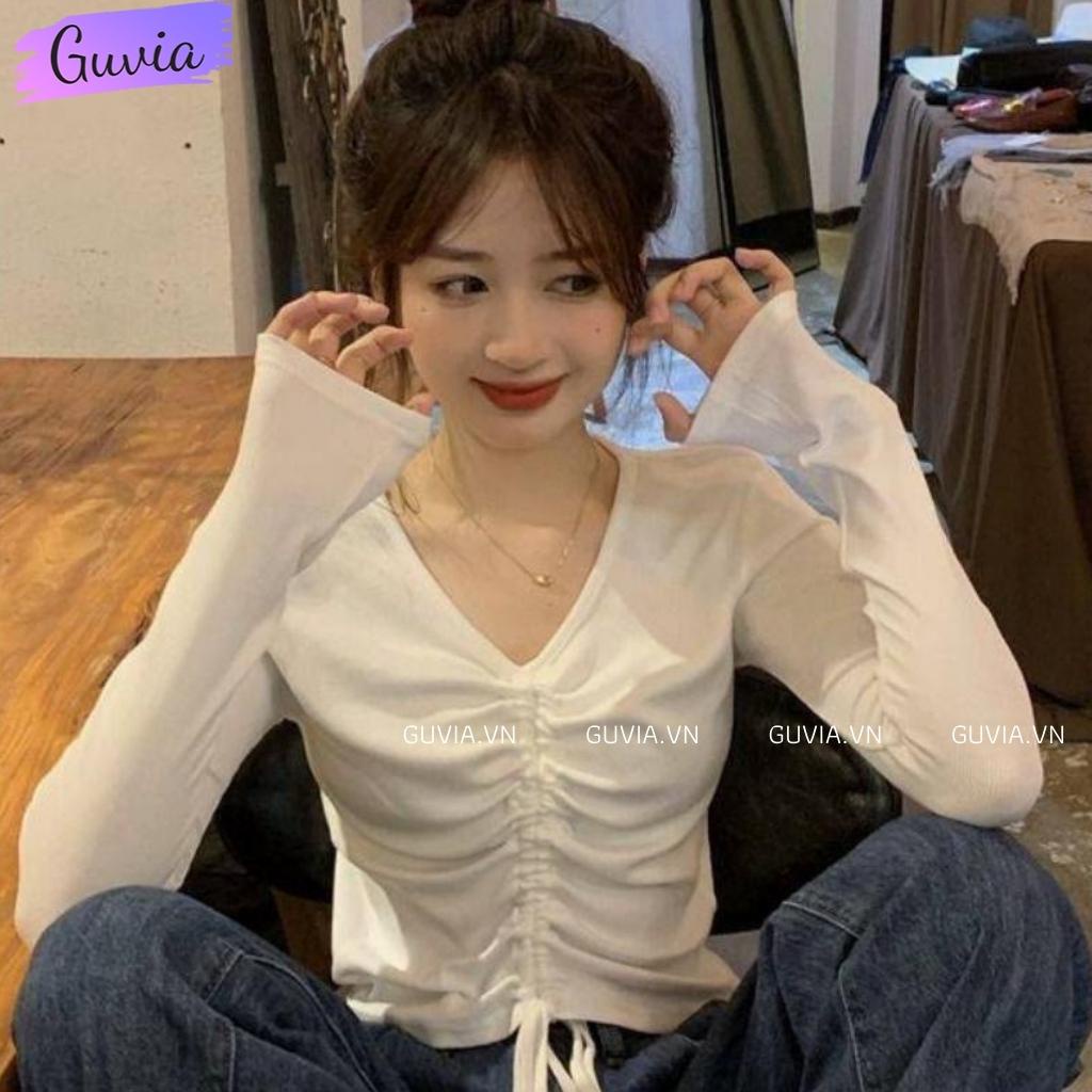 Áo Croptop Tay Dài Cổ Tim Rút Dây Kiểu Nữ Ôm Body Sexy Ulzzang GUVIA