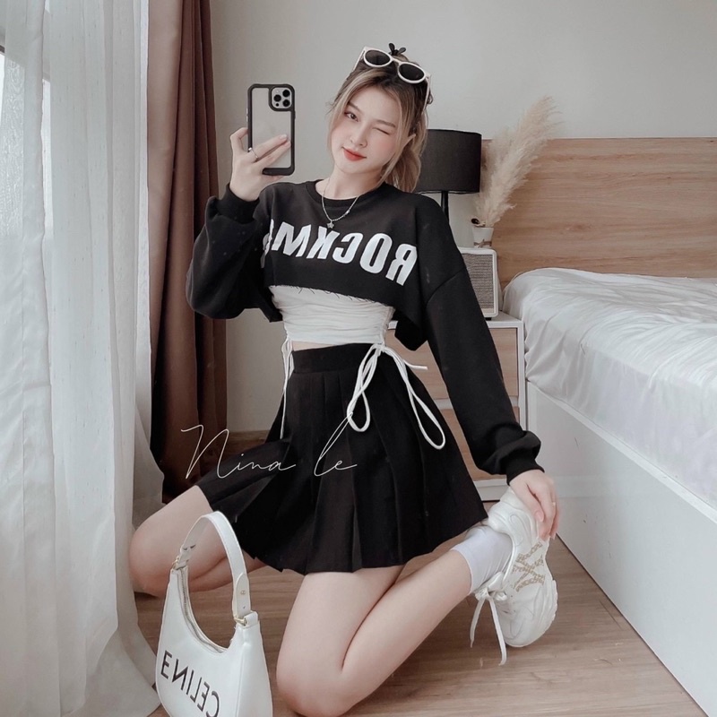 Set áo rút dây 2 bên kèm áo croptop tay dài bên ngoài, Set áo ROCKMO - A5U