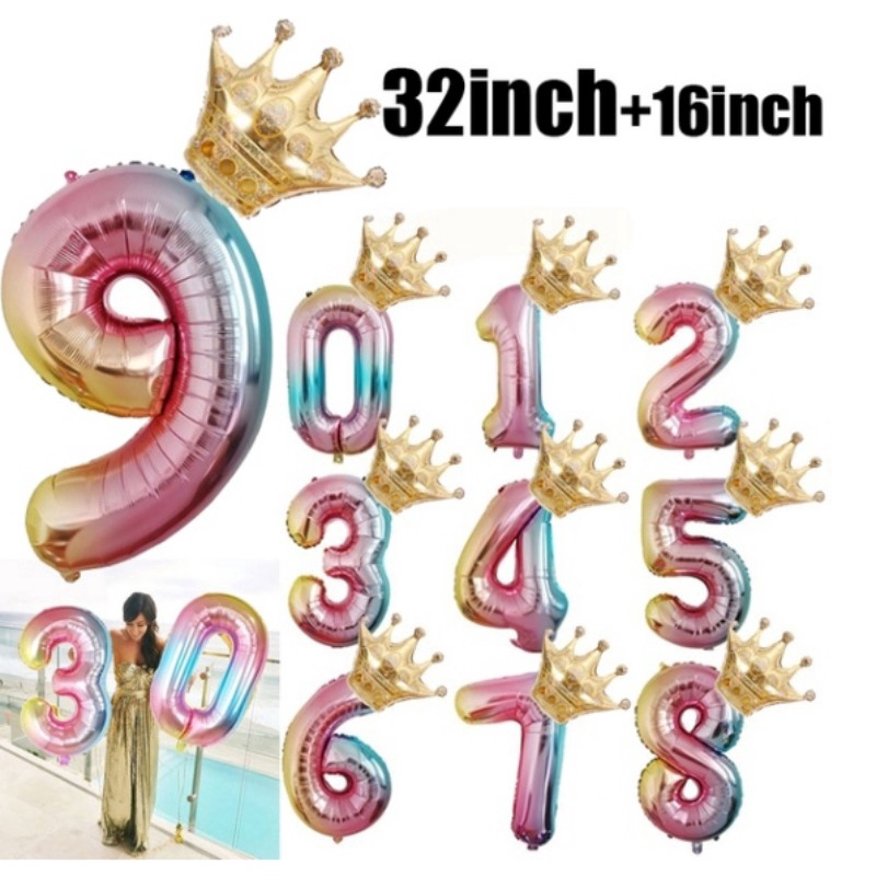 Bong bóng bằng nhôm hình chữ số đội vương miện 32 inch + 16 inch dành cho trang trí sinh nhật trẻ em