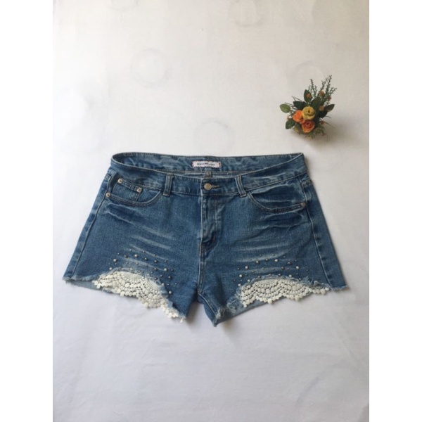 Quần Short jean 2 hand hiệu an.n XUAN jean, lai phối ren và hạt(Q38)