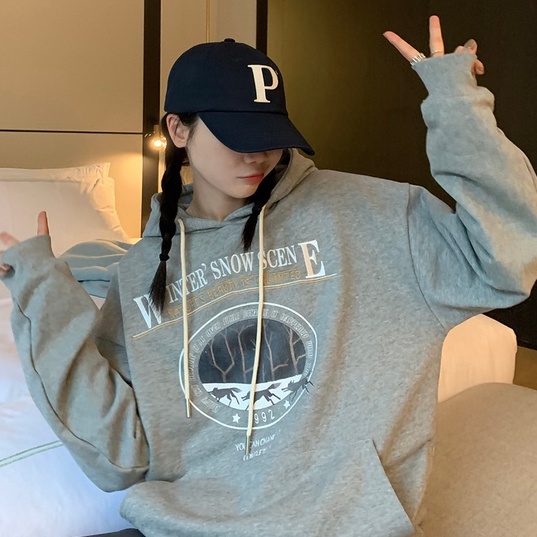 Áo Hoodie Tay Dài Form Rộng Họa Tiết In Theo Phong Cách Preppy Dễ Phối Đồ