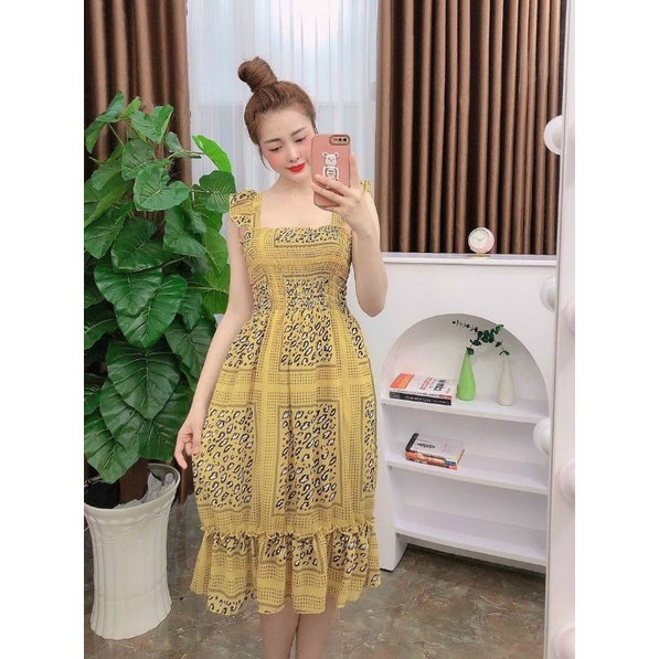 Đầm voan nữ mặc nhà hai dây cột nơ