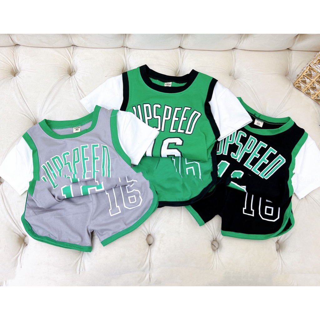 Bộ cộc tay bé trai, bộ cotton bóng chày Upspeed phối màu khỏe khoắn cho bé