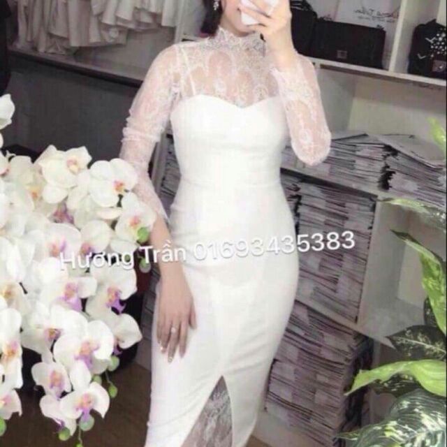 Đầm body trắng tiệc Phối ren