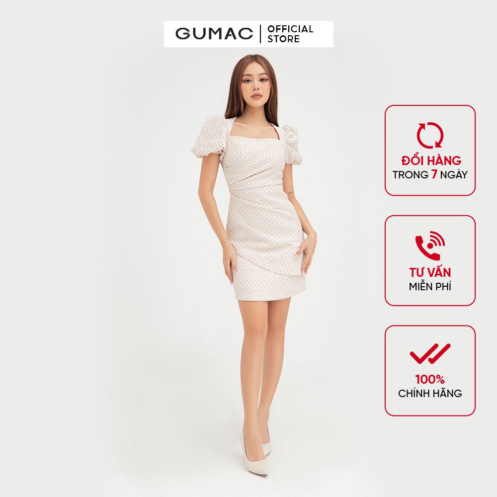 Đầm ôm nữ tay phồng ly sườn GUMAC màu kem trơn, ôm body sexy DB444