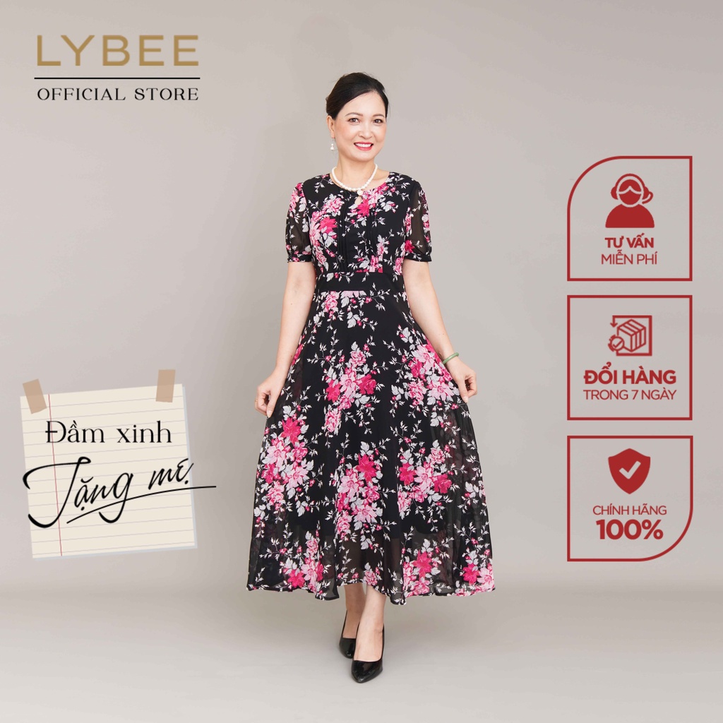Đầm trung niên sang trọng cho mẹ LYBEE chất voan tơ in hoa nổi thoáng mát thời trang thiết kế cao cấp LV756