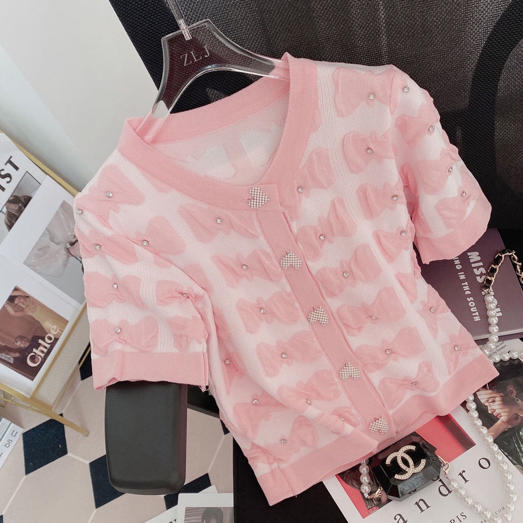 Áo kiểu Pure Cube tay ngắn chất lượng cao phối họa tiết nơ ngọt ngào đáng yêu cho nữ