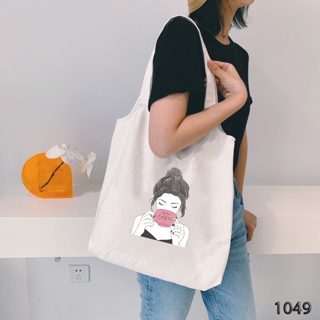 Túi Tote Túi Vải Canvas Đeo Vai Đi Học Đi Du Lịch 1049 Họa Tiết Love Coffee Hàng May Công Ty Chuẩn Đẹp