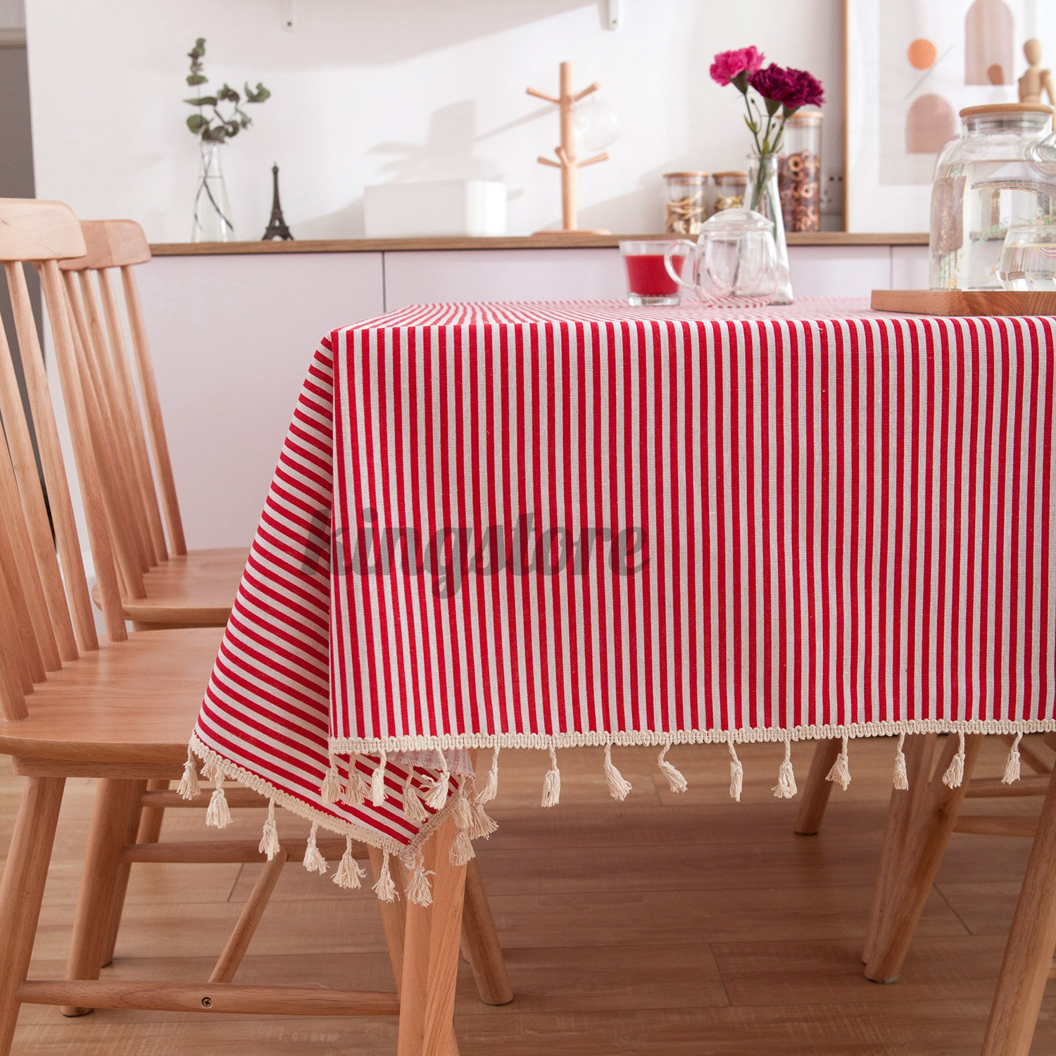 Stripe Printed Cotton Linen Tablecloth Rectangle Tassel Tea Table Cloth Cover
