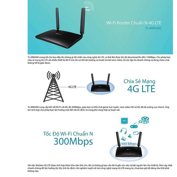 [Mã ELHAMS5 giảm 6% đơn 300K] TP-LINK TL-MR6400 - Router Wifi dùng sim 3G 4G- Hàng Chính Hãng