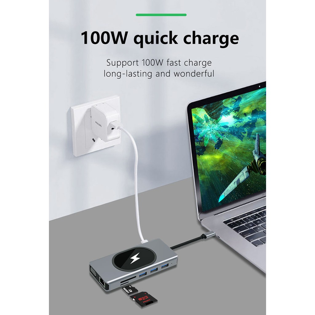 Trạm Sạc Không Dây 11 Trong 1 Chuyển Đổi USB C Sang HDMI 4K VGA 1080P RJ45 USB3.0 3.5mm PD Cho Laptop / Điện Thoại / Máy Tính Bảng