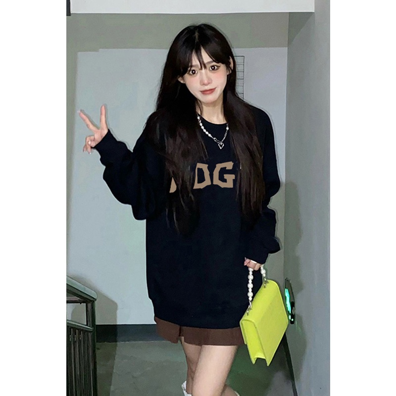 SELVZE Áo sweater cổ tròn dáng rộng vải cotton in họa tiết phong cách retro Mỹ thời trang cho nữ