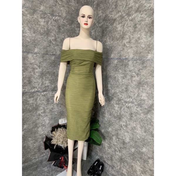 Váy body sóng nhăn trễ vai dáng dài siêu tôn dáng mã V125