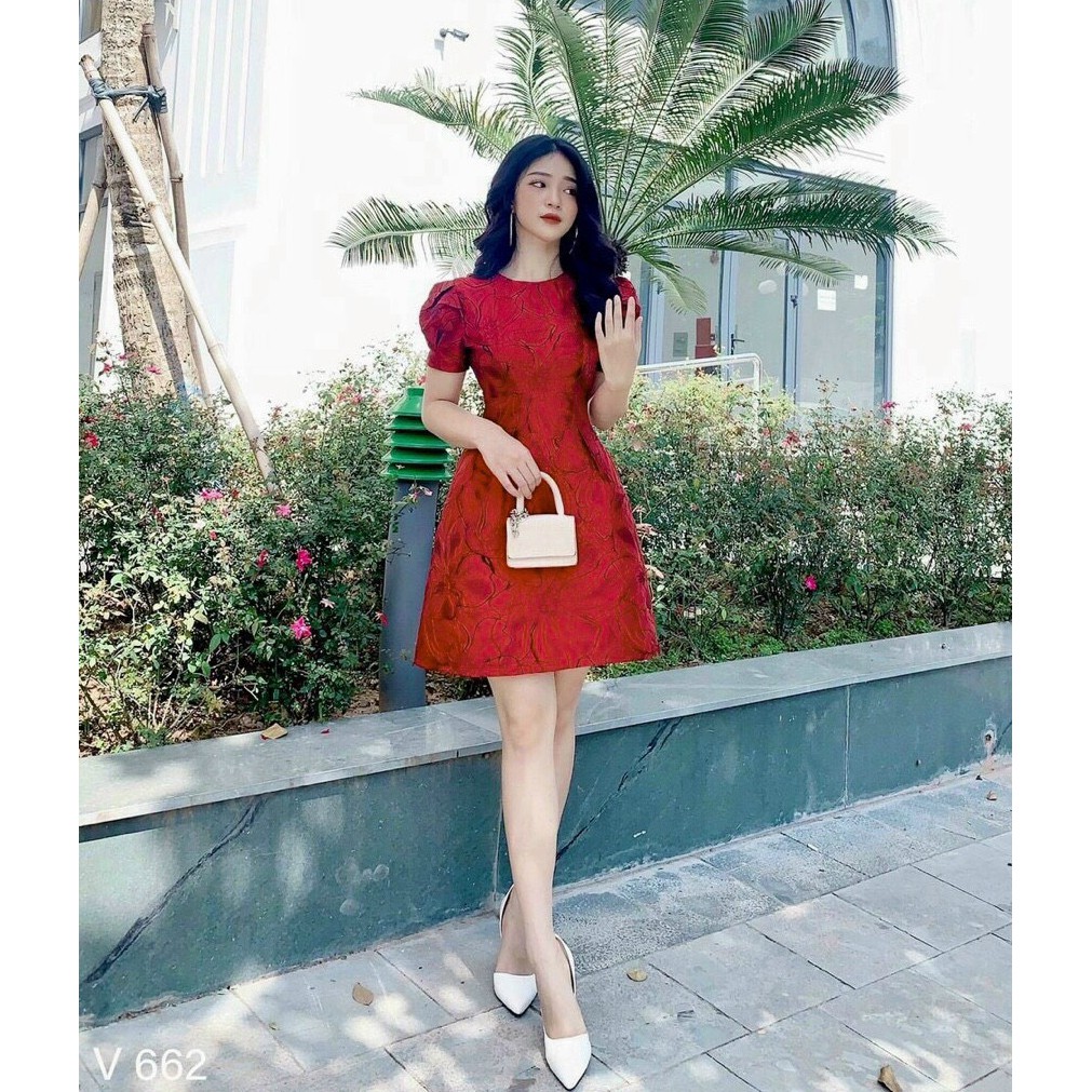 [Mã WAMT1505 giảm 10K đơn 0K] [Đầm Mới] Đầm Nữ Dự Tiệc Gấm Hoa Tay Phồng Cao Cấp | BigBuy360 - bigbuy360.vn