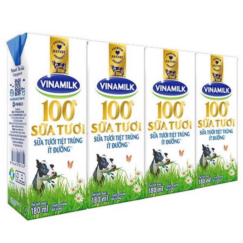 Sữa Tươi Tiệt Trùng Vinamilk 100% Ít Đường - Lốc 4 Hộp 180m