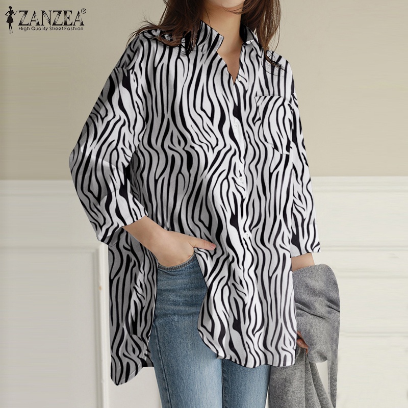 Áo ZANZEA tay dài cổ lật xuống dáng rộng in họa tiết cho nữ