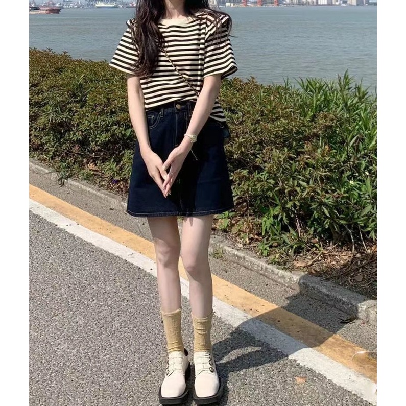 Set Áo Thun Ngắn Tay Họa Tiết Sọc Ngang Và Chân váy jean Thời Trang Dành Cho Nữ