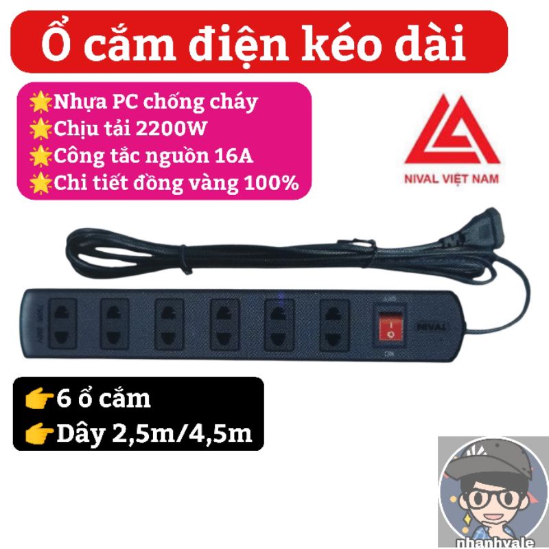 ]N6T2,5C/N6T4,5C] Ổ cắm điện 6 ổ cắm kéo dài chống cháy Nival 2200W nhựa PC cao cấp, chi tiết đồng vàng 100%