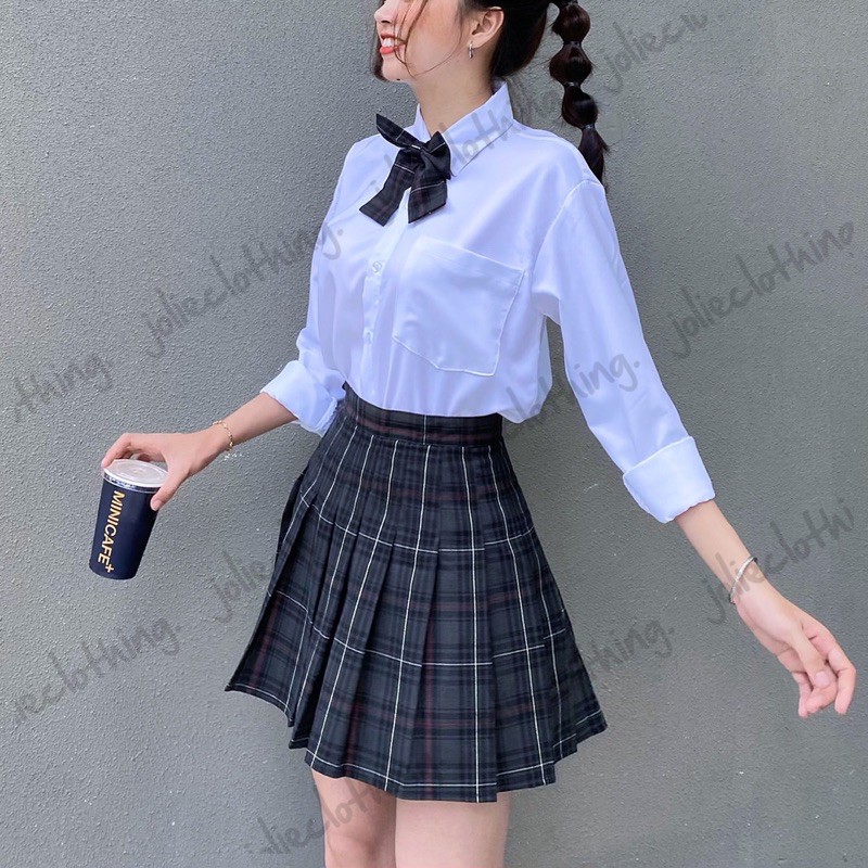 [Có sẵn] Set bộ đồng phục váy tennis kẻ xếp ly kẻ caro đen và áo sơ mi kèm nơ phong cách JK Nhật Bản