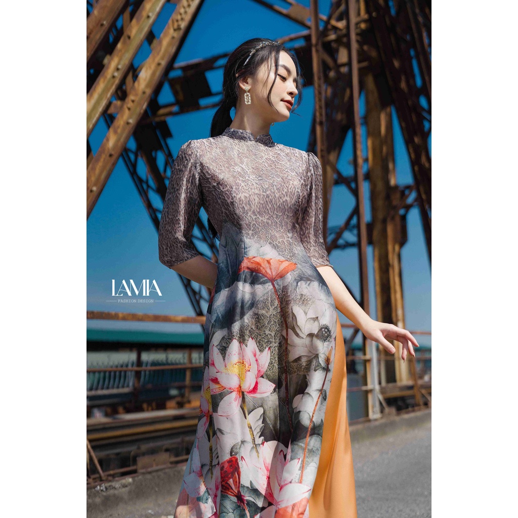 SET ÁO DÀI TƠ HÀNG CHÂU IN HÌNH HOA SEN LAMIA DESIGN AD051