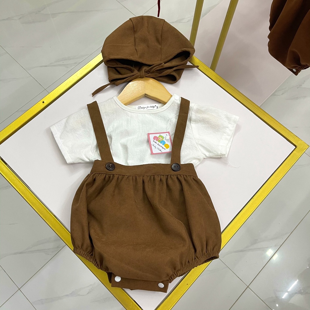 Body cho bé trai, bé gái Nina Kids Boutique Body yếm em bé sơ sinh Size 0m 24m Màu nâu phối áo trắng Kèm mũ và áo rời