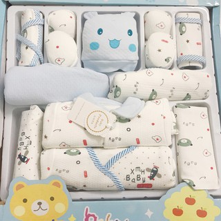 [Xả Kho] Hộp Quà Set Đồ Sơ Sinh Cao Cấp 14 Chi Tiết Cho Bé Trai Và Bé Gái | Viền Xanh | Vải Dày Mát