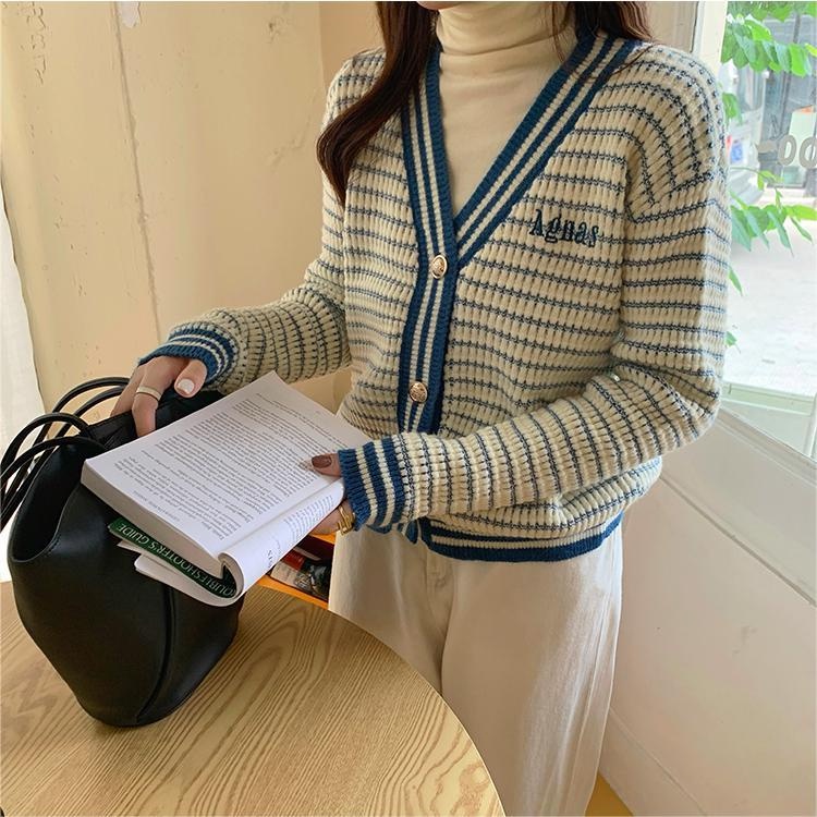 Áo cardigan ZHELIHANGFEI dệt kim tay dài dáng rộng hoạ tiết kẻ sọc cho nữ