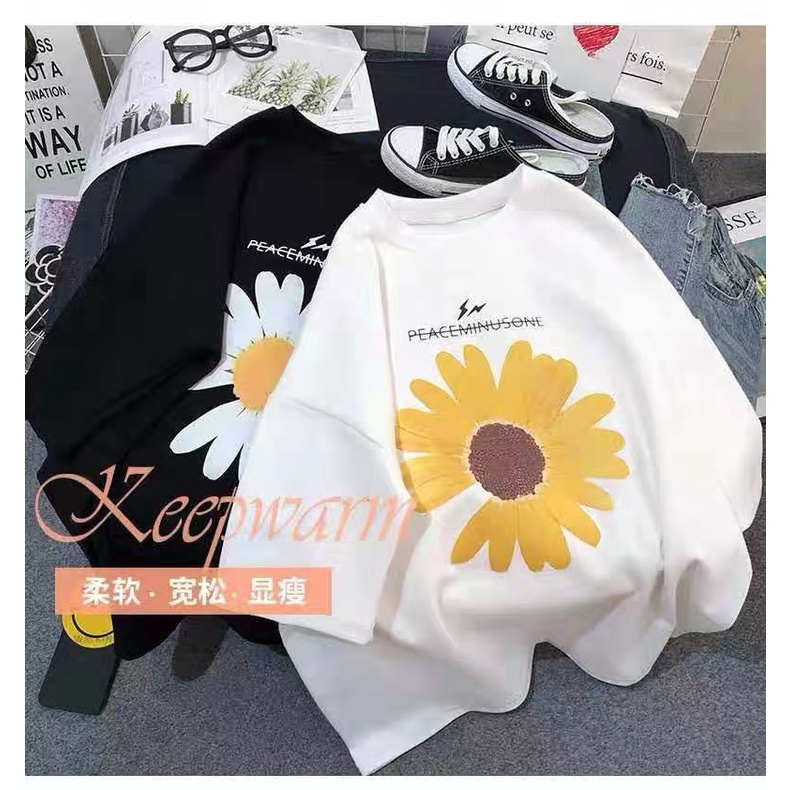 Áo thun tay lỡ nam nữ phông form rộng Unisex mặc cặp, nhóm, lớp, in hình hoa cúc