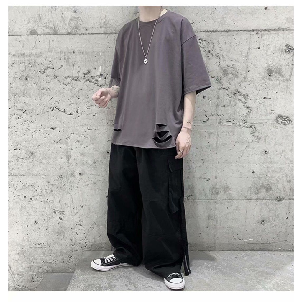 Áo Thun Tay Ngắn Màu Trơn Dáng Rộng Thiết Kế Rách Cá Tính Thời Trang Mùa Hè Cho Nam Giới