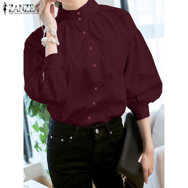 Áo sơ mi ZANZEA cổ tròn tay lỡ 3/4 dáng rộng phong cách cổ điển dành cho bạn nữ