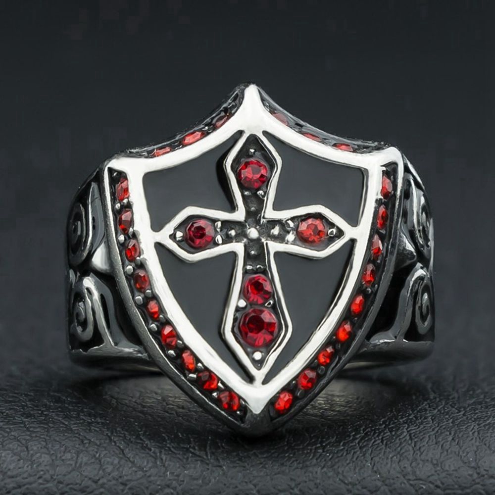 Nhẫn xi mạ bạc đính đá Zircon đỏ phong cách Punk Knight