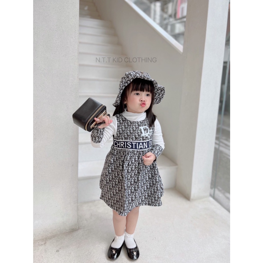 Set Dior cho bé gái - Set đồ áo yếm kèm mũ dành cho bé gái đi chơi,đi học size 10kg - 30kg