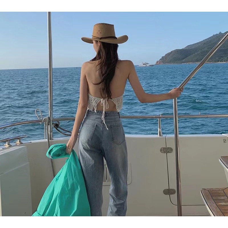 Áo Nữ Dệt Kim Có Đệm Ngực Lưng Phối Dây Đan Chéo Sau Lưng Phong Cách Hàn Quốc