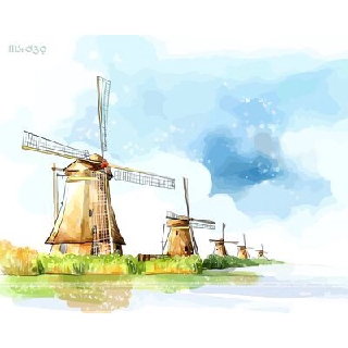 Tranh sơn dầu số hóa cối xay gió chiều buông T839