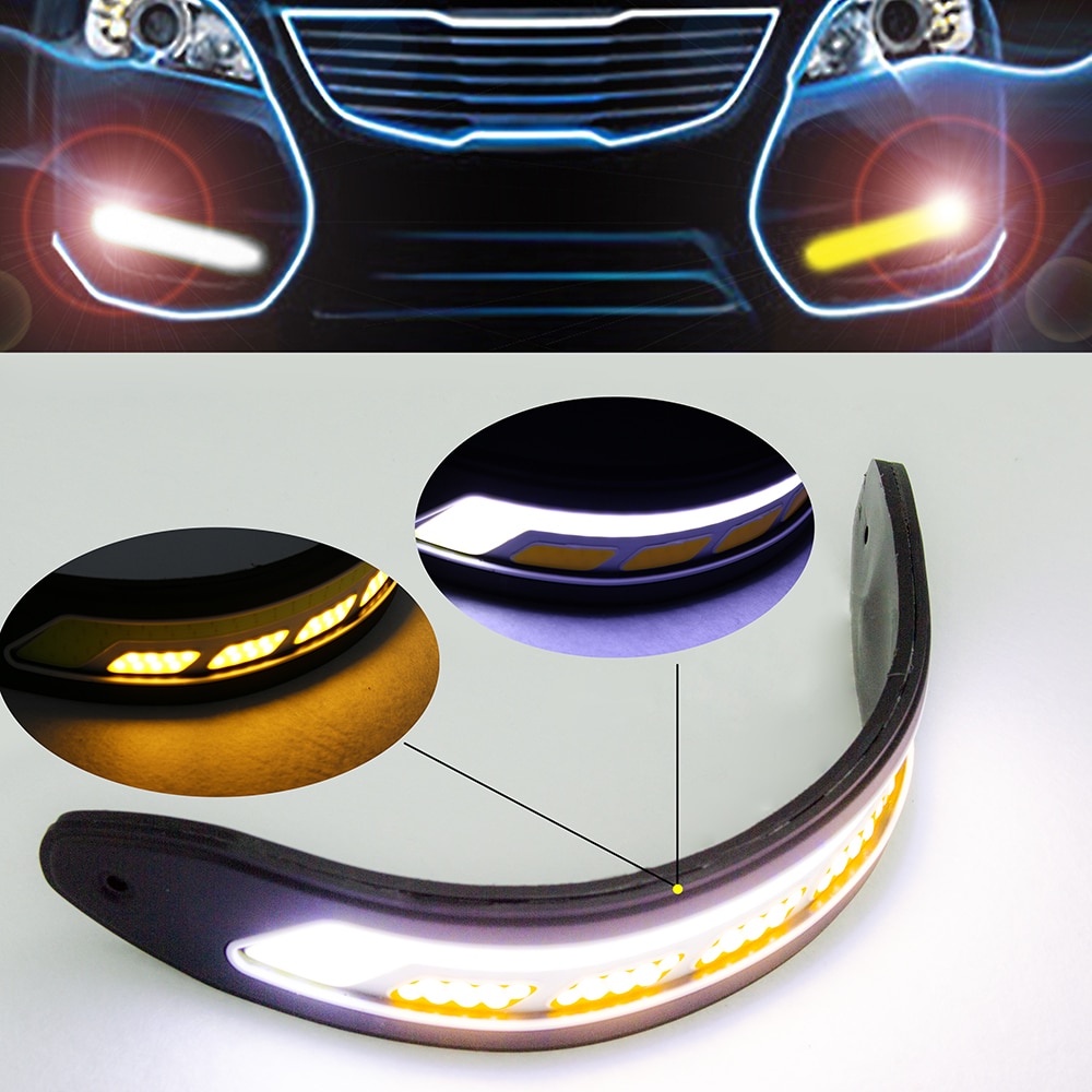 Set 2 Đèn Pha LED DRL Ánh Sáng Trắng / Vàng Chống Nước Linh Hoạt Có Đèn Xi Nhan Cho Xe Hơi