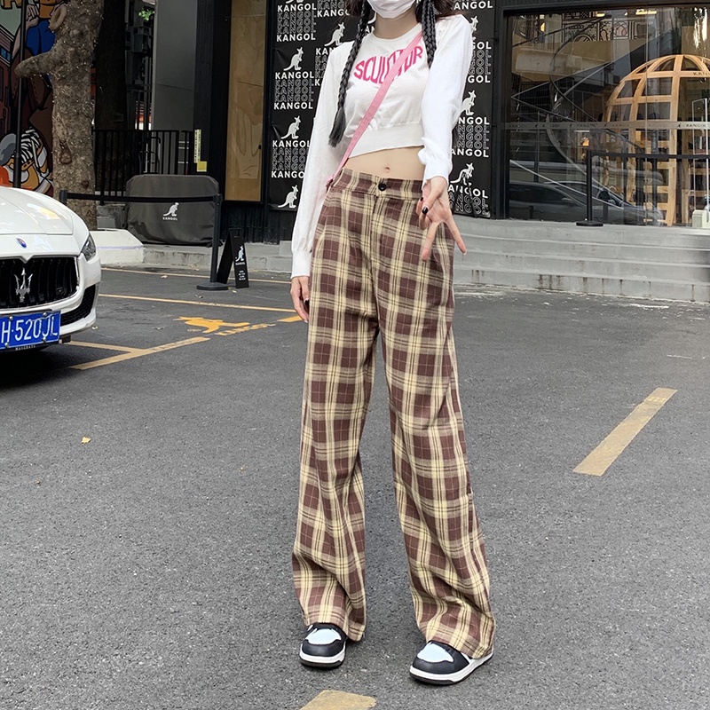 Quần dài SUXI ống rộng họa tiết caro thời trang cổ điển dành cho nữ