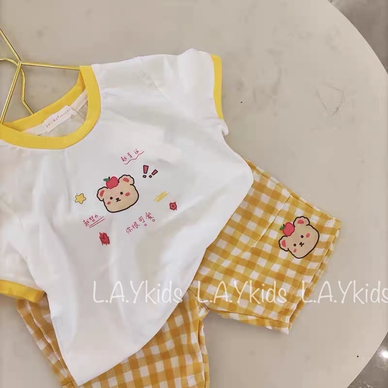 Set Coton Gấu Nhật Kẻ Caro Vàng Kute