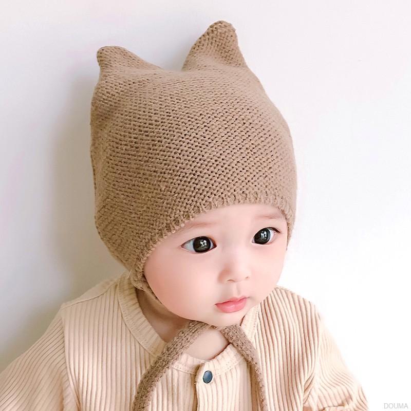 Mũ len dệt kim màu sắc trơn giữ ấm mùa đông phong cách hàn quốc cho bé