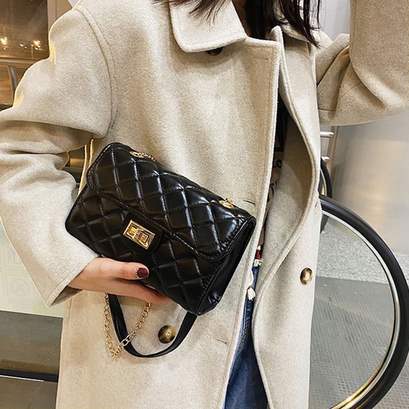 IELGY Túi Đeo Vai Màu Đen Họa Tiết Hình Thoi Phong Cách Hàn Quốc Thời Trang Cho Nữ