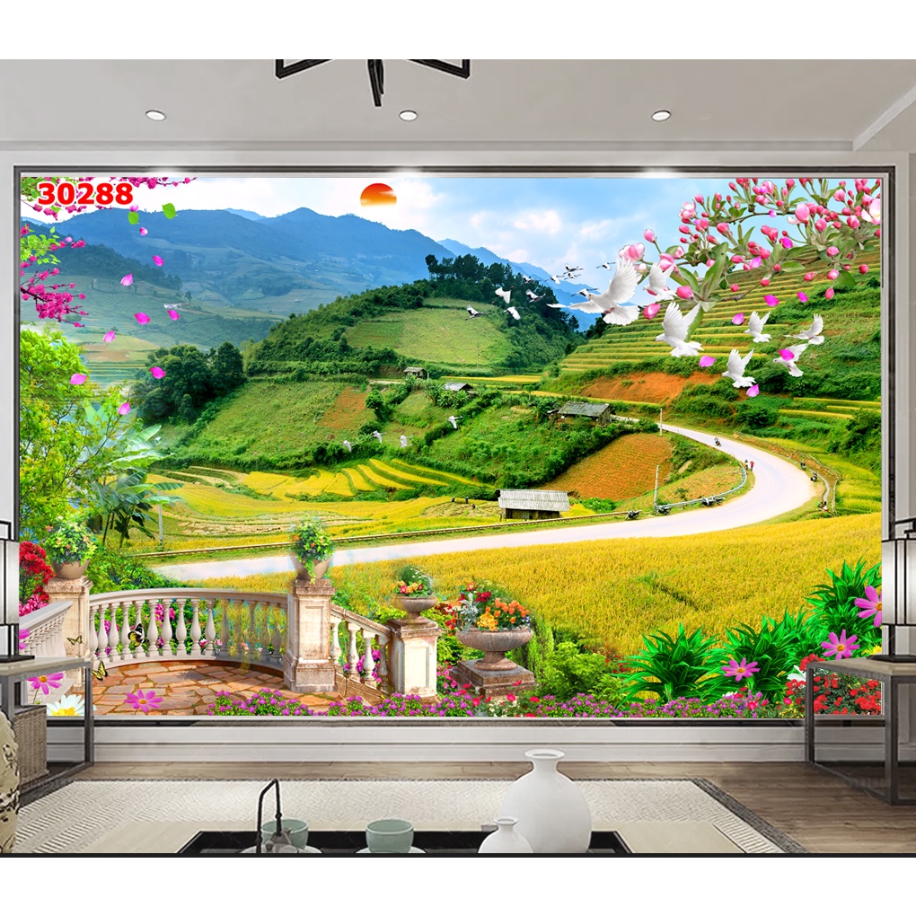 Tranh vải lụa dán tường phong cảnh thiên nhiên phòng khách, phòng ăn, phòng ngủ