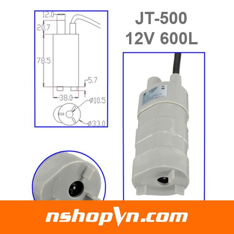 Động cơ bơm chìm JT500 12VDC hoạt động thả chìm trong hoàn toàn trong nước công suất 600L/h tương  10L/p