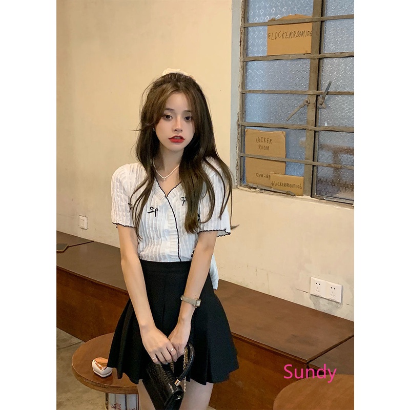 Áo Sơ Mi Ngắn Tay Cổ V Thắt Nơ Phong Cách Phương Tây Thời Trang Mùa Hè Dành Cho Nữ