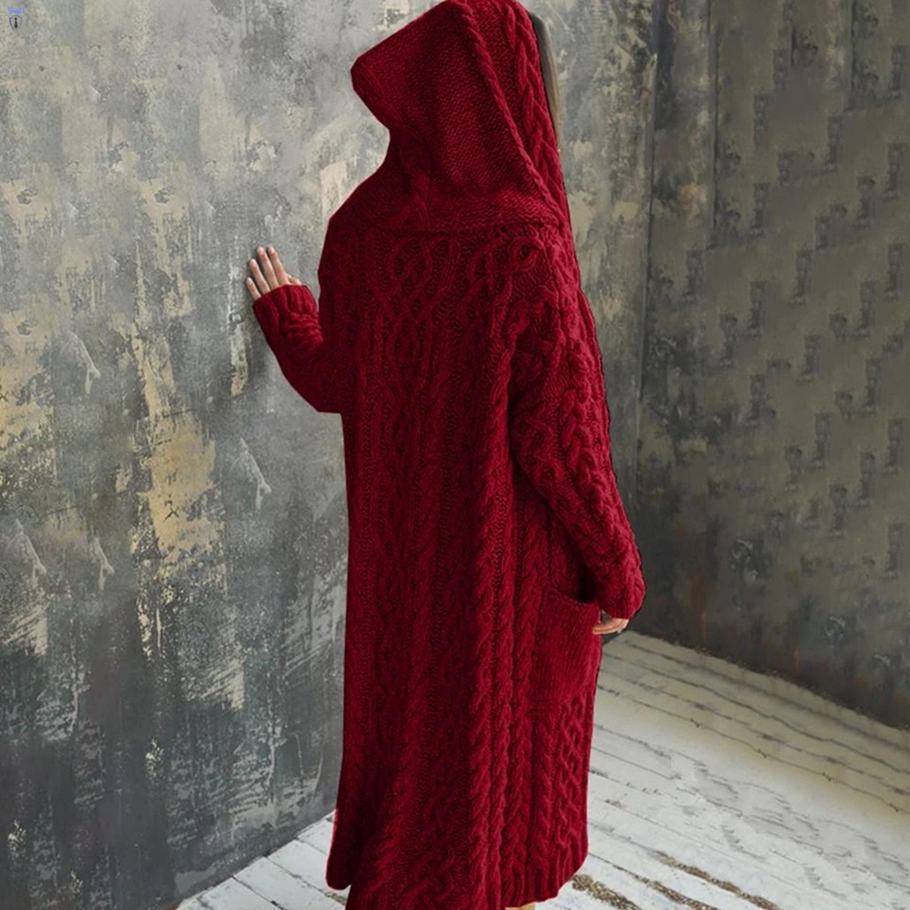 Áo Khoác Cardigan Dệt Kim Dáng Dài Có Mũ Trùm Đầu